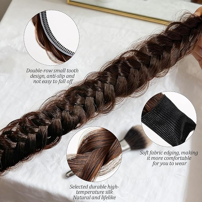 2PC Braided Headband with Tooth – Wide Faux Hair Braid Wig Hairband, Messy Fishbone & Geflochten Haarband Shape – for Women Fashion Accessories for Oktoberfest, Wedding, Parties, Comb Fit(Dark Brown)
