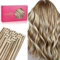 WENNALIFE Seamless Clip In Hair Extensions, 14 Inch 7pcs 130g Ash Brown with Platinum Blonde Highlights Hair Extensions Clip In Real Human Hair Extensions Invisible PU Weft Hair
