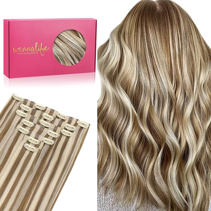WENNALIFE Seamless Clip In Hair Extensions, 22 Inch 7pcs 150g Ash Brown with Platinum Blonde Highlights Hair Extensions Clip In Real Human Hair Extensions Invisible PU Weft Hair