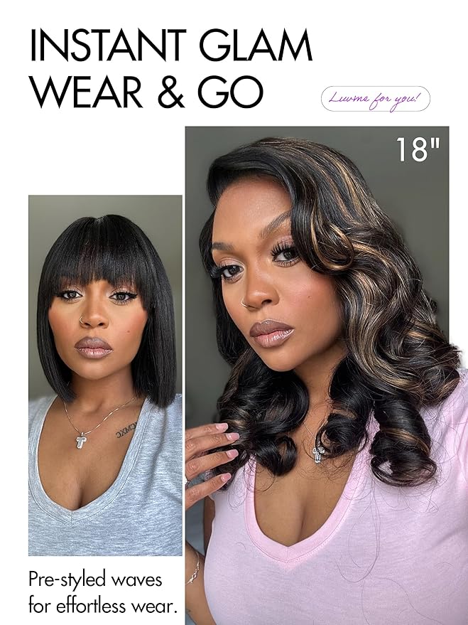 LUVME HAIR 100% Human Hair Wigs Loose Wave Glueless Lace Front 14 Inches, Pre Cut Plucked Hd Lace Short Wig Ready To Go Highlight Color Straight Bleached Knots Side Part Wigs