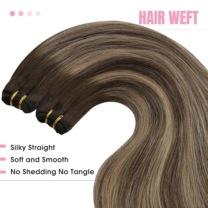 YoungSee Sew in Hair Extensions Real Human Hair Balayage Human Hair Weft Extensions Dark Brown Mix Caramel Blonde Balayage Hair Extension Sew in for Women 18inch 100g