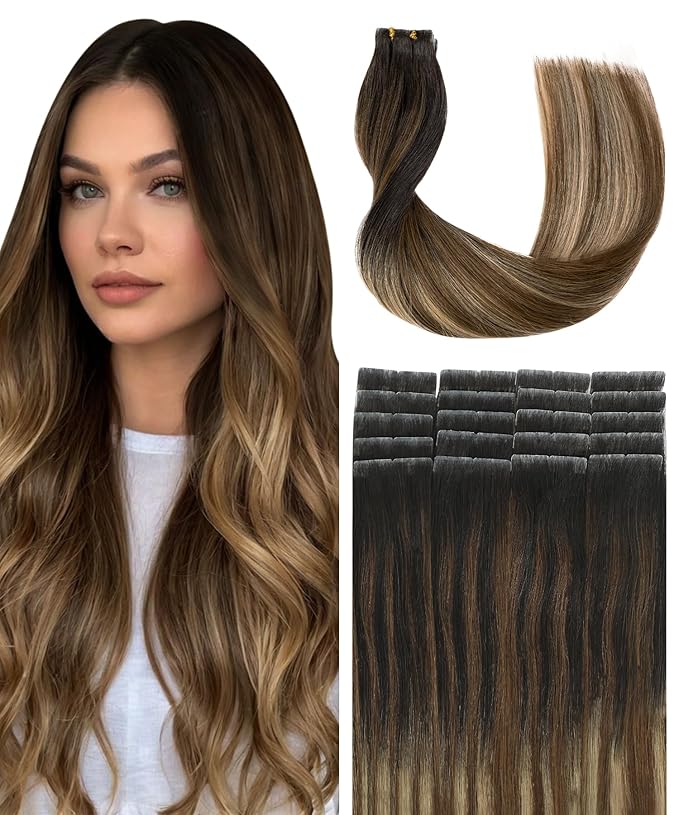 SURNEL Injected Tape in Extensions Human Hair 18 Inch Natural Black to Medium Brown and Caramel Blonde Invisible Tape in Extensions 20 Pcs40g(#1B427,18)