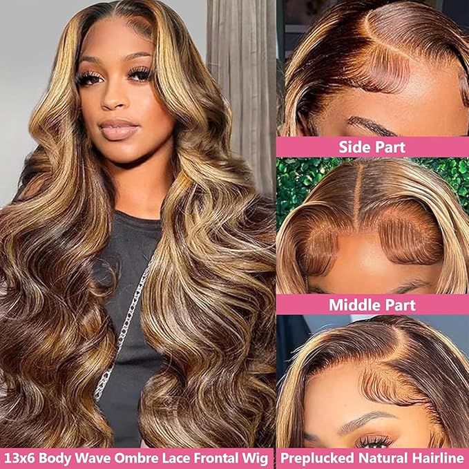 22 Inch 13x6 Lace Front Wigs Human Hair 200 Density P4/27 Highlight Ombre Body Wave HD Lace Front Wigs Human Hair Pre Plucked