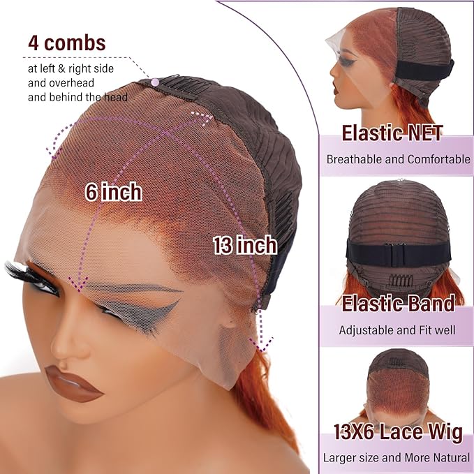 Ginger Orange Lace Front Wigs Human Hair 13x6 Body Wave Frontal Wigs Human Hair for Women 200% Density Pre Plucked HD Transparent Lace Glueless 350 Colored Human Hair Wig Bleach Knots 26 Inch