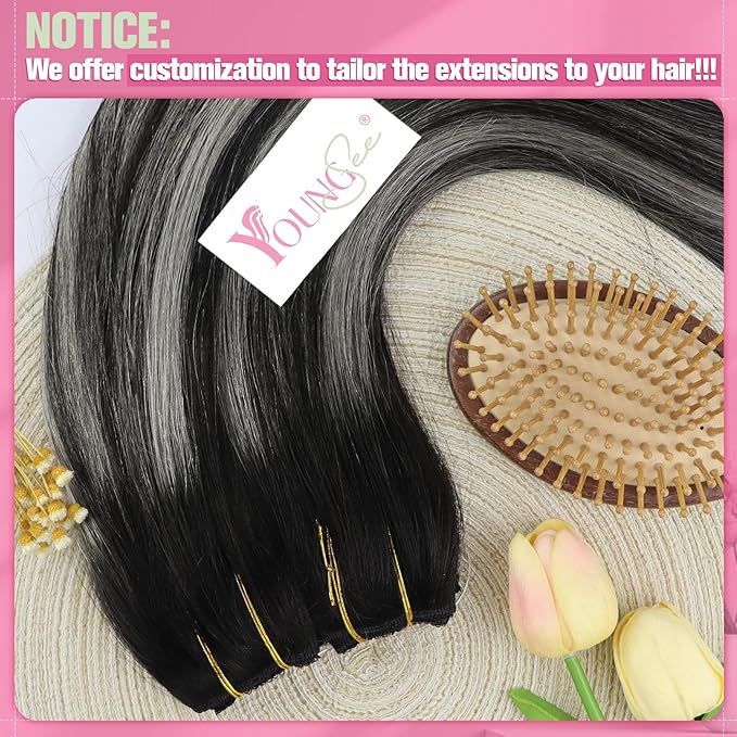 YoungSee Wire Hair Extensions Human Hair Black Balayage Human Hair Wire Extensions Black Ombre Silver Balayage Fish Line Extensions Long Straight Hair 20In 100G