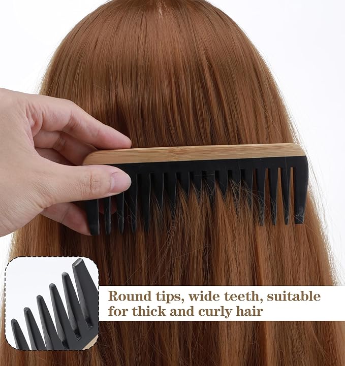 2Pcs Bamboo Wide Tooth Comb, Bamboo Fine & Wide Tooth Comb Anti-Static for Thick & Wavy Hair for Men Women Durable Eco-Friendly Natural Wood Finish, Ideal for Detangler Frizz Control