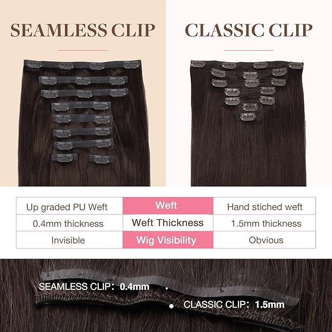GOO GOO Clip in Hair Extensions Real Human Hair, Remy Human Hair Extensions Clip ins for Women, Natural Human Hair, 14inch 130g 9Pcs, 2A Light Brown