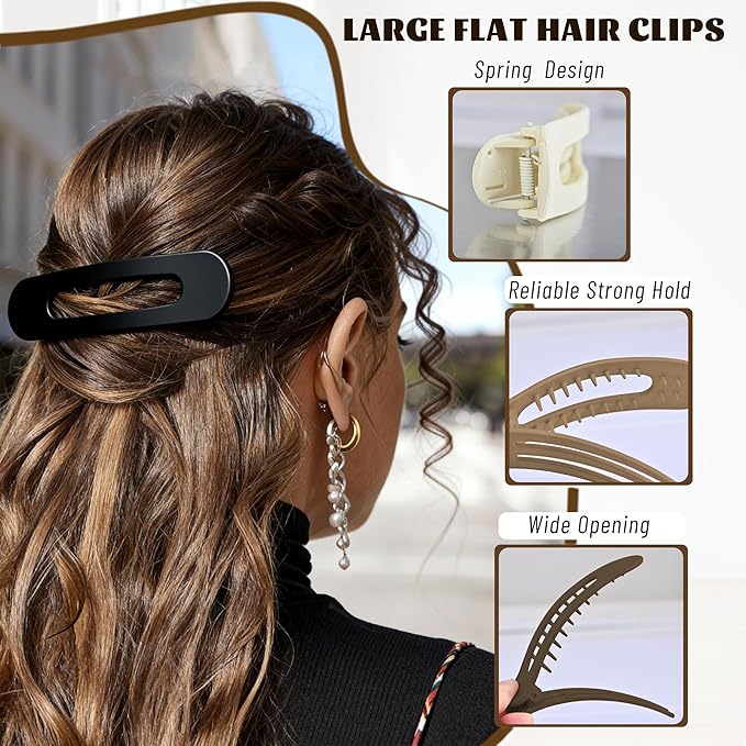 4 Pcs Flat Hair Clips for Women - Large Matte Flat Claw Clips for Thin Hair, Stylish Hair Accessories for Daily Styling（4 Colorful)
