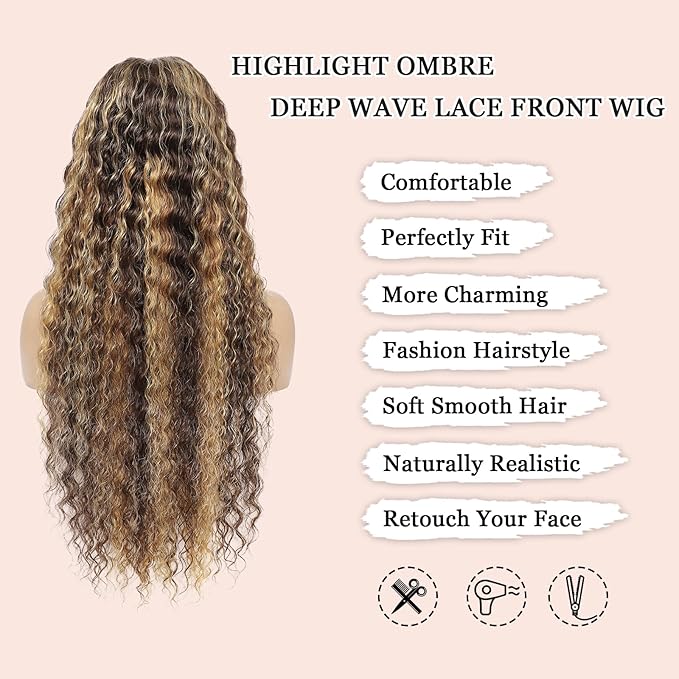 Honey Blonde Lace Front Wigs Human Hair 13x6 HD Highlight Ombre Deep Wave Wig Human Hair 4/27 Glueless Deep Wave Human Hair Wigs Pre Plucked with Baby Hair for Women 26 Inch