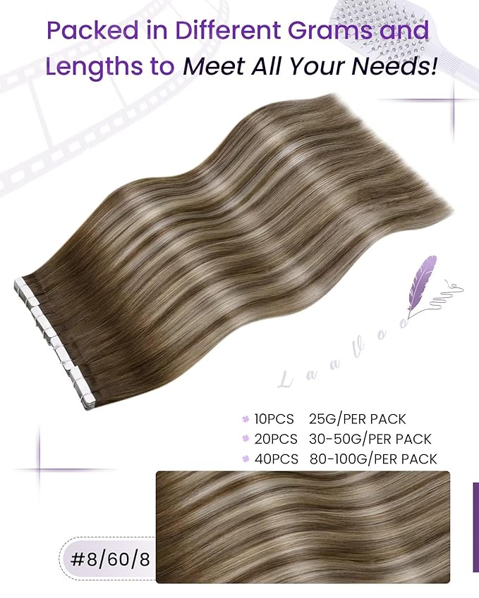 LaaVoo Tape in Hair Extensions Human Hair Balayage Light Brown Fading to Platinum Blonde with Brown Tape in Extensions Seamless Tapes on Hair Extension Real Human Hair Soft Hair 24inch 20pcs 50g