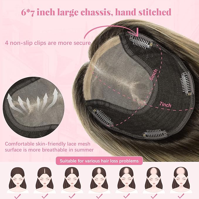 Hair Toppers for Women Real Human Hair 6x7inch Large Base 14inch 55g Toppers Pieces for Women with Thinning Dark Brown To Chestnut Brown Highlight Ash Blonde (#2/6/18Toppers-14inch)