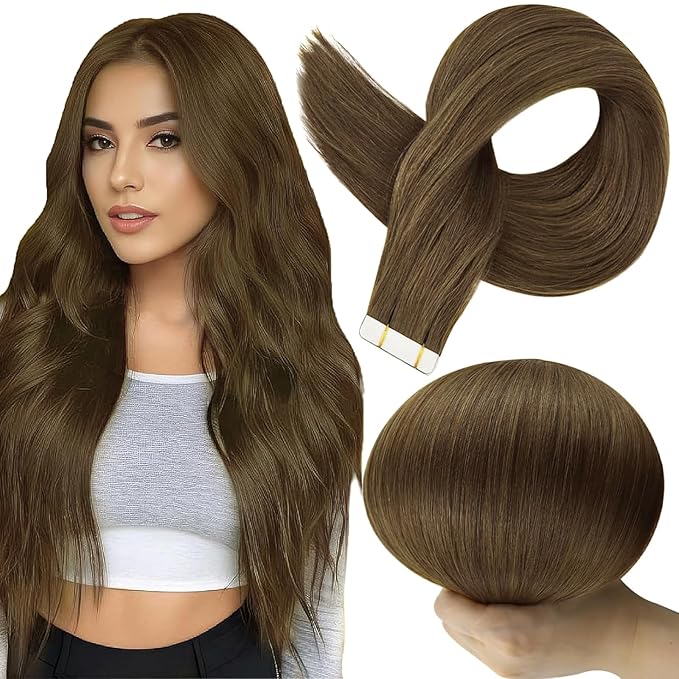 Full Shine Remy Human Tape in Hair Extensions Color 3 Brown Tape Hair Extensions Real Human Hair Tape in 24Inch Long Straight Skin Weft 100G 40Pcs Brazilian Extension for Party
