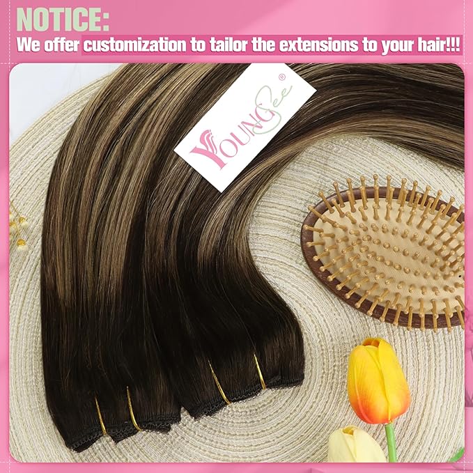 YoungSee Wire Hair Extensions Balayage Invisible Wire Hair Extensions Real Human Hair Chocolate Brown Mix Caramel Blonde Couture Hair Extension With Transparent Line 18In 80G