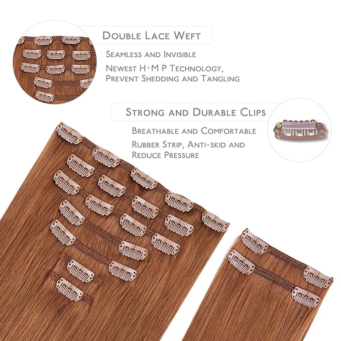 WENNALIFE Clip in Hair Extensions Real Human Hair, 18 Inch 150g 9pcs Cinnamon Terra Copper Remy Hair Thicker Double Weft Extensiones De Cabello Humano Con Clip Ins Straight Full Volume