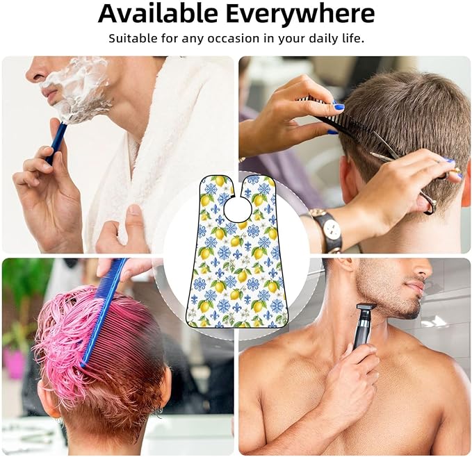Adjustable Non-Stick Beard Apron, Hair Catcher Cape for Shaving Grooming, Waterproof with Suction Cups Men, Watercolor Blue White Flowers Lemon Tree Leaf Floral Shave Bib