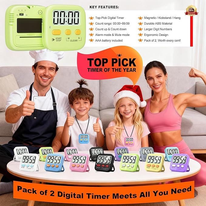 Antonki 2 Pack Digital Timer for Kids, Magnetic Countdown Kitchen Timers for Cooking, Egg, Classroom, Teacher, Exercise, Study, Oven - Battery Included