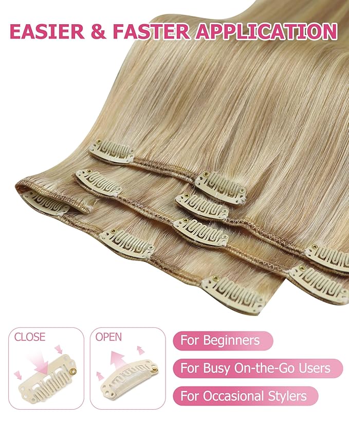 YoungSee Clip on Hair Extensions Blonde Highlight Clip in Human Hair Extensions Light Blonde Highlighted Golden Blond Clip in Extensions Real Human Hair for Women 18In 7Pcs 120G