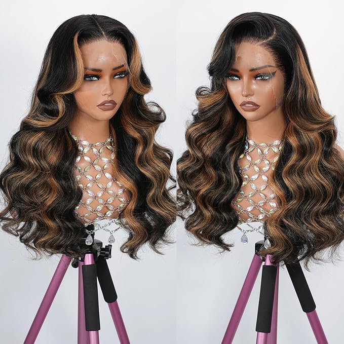 13x4 Full Frontal Lace Wig Human Hair Body Wave 1B/30 Highlight Ombre Colored Skinlike Swiss HD Lace 0.10mm Ultra-thin Invisible 200% Density Balayage Brown Pre Plucked Tiny Knots Natural Hairline