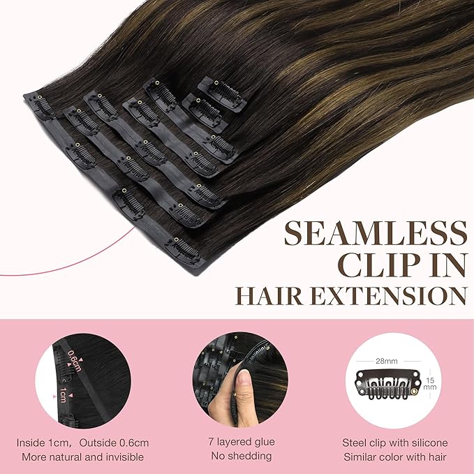 GOO GOO Clip in Hair Extensions Real Human Hair, Remy Human Hair Extensions Clip ins for Women, Natural Human Hair, 14inch 110g 7Pcs, 2/6/2 Balayage Dark Brown to Chestnut Brown