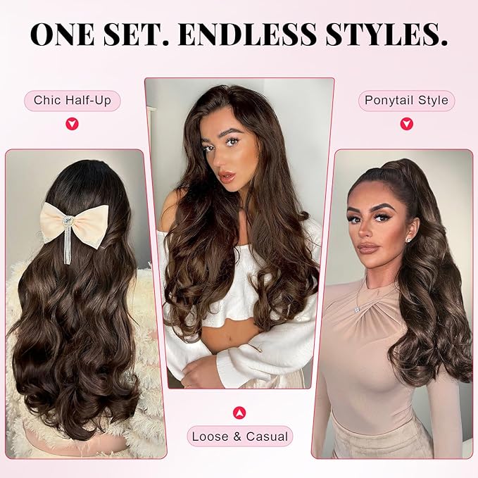 ALXNAN Long Wavy Hair Extensions for Women, Clip in Hair Extensions Clip Ins Soft Full Head Synthetic Hairpieces 20 Inch Light Brown