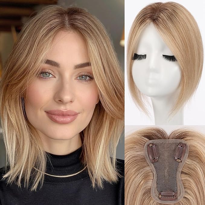 starluck Real Human Hair Toppers for Women 10 Inch Human Hair Topper no Bangs, 3 * 4.5 inches Swiss Base Suitable for ThinningHair Cover Grey Roots(4T10/16#)