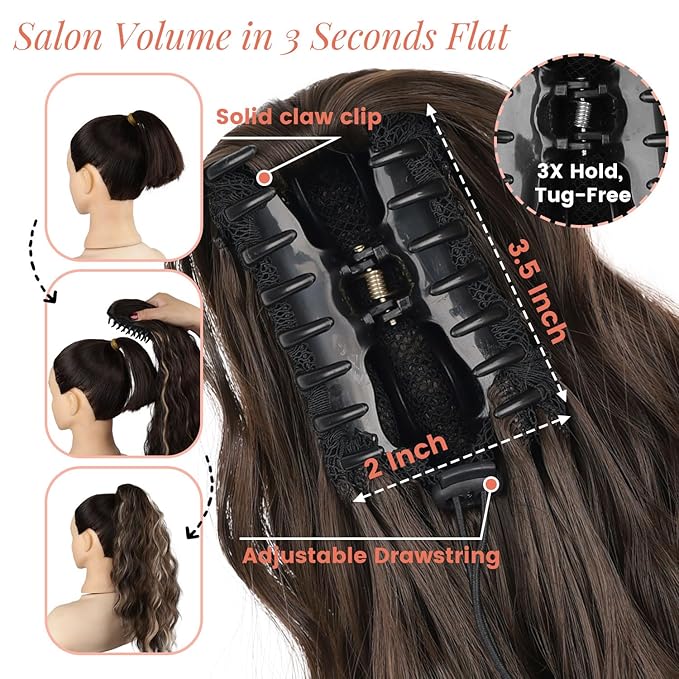Claw Clip Ponytail Extension 18 Inch Curly Wavy Ponytail Extension Jaw Clip on Pony Tails Hairpiece for Women Fluffy Natural Synthetic for Daily Use (Dark Chestnut Brown)