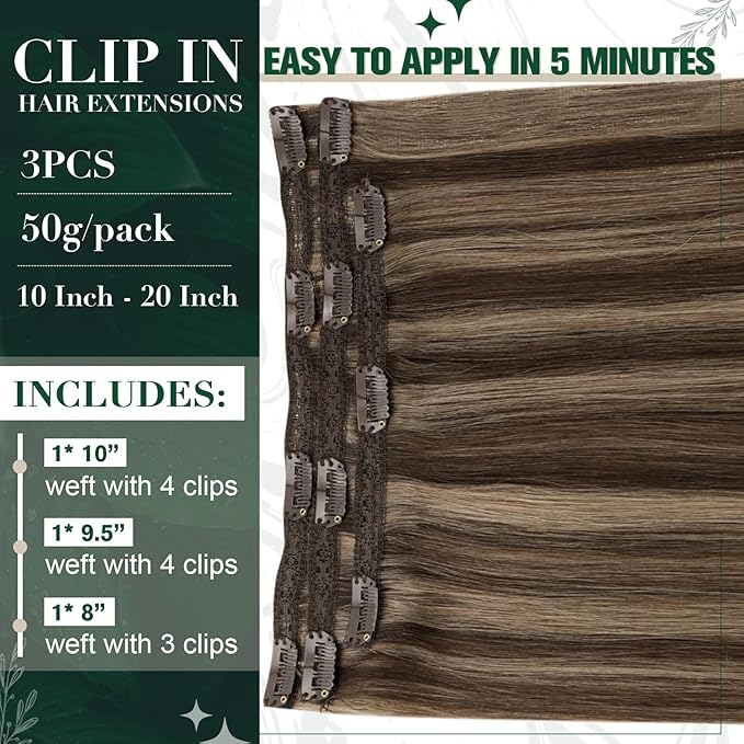 RUNATURE Real Hair Extensions Clip Ins, Brown Clip in Hair Extensions with Highlights, Double Weft Natural Hair for Women, Easy to Apply, 16 Inch 50g 3pcs #3P12 Brown Mix Blonde