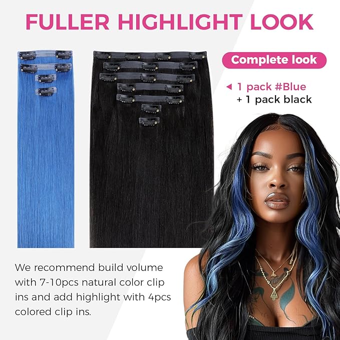 Lashey Seamless Clip in Hair Extensions Human Hair 37g 4pcs Blue Hair Extensions Real Human Hair 14 Inch Straight Hair Extension Clips with PU Soft Invisi Edge