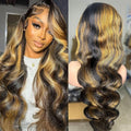 Highlight Ombre 13x6 HD Transparent Lace Front Wigs Human Hair Pre Plucked Body Wave Wigs for Women 200% Density 13x6 Frontal Wigs Human Hair Bleached Knots with 1b/27 Color Baby Hair 34inch