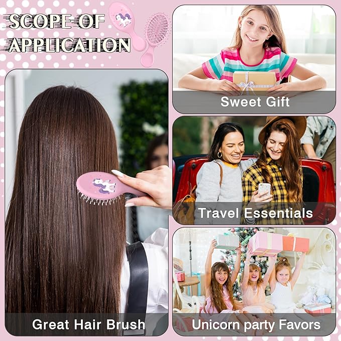 12 Pcs Unicorn Mini Detangler Brush, Mini Travel Hair Brush, Bristles Plastic Detangling Brush,No Tangle Soft Flexible Bristles for Straight, Curly, Thick Hair for Party Gift