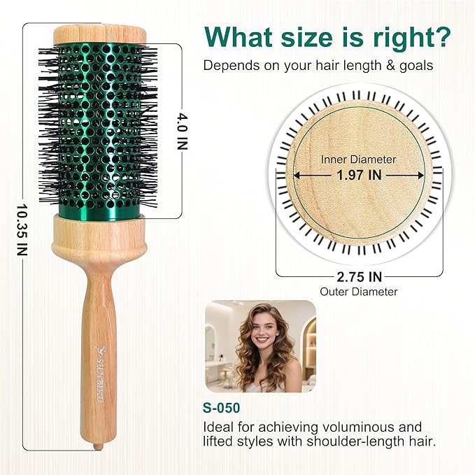 SUNBIRD Round Brush for Blow Drying - Wood Handle Professional Blowout Brush with Aluminium Ceramic Ionic Thermal Barrel for Smooth Hair, Volume & Heat Wave Curly Styling (Outer Diameter2.75Inch)
