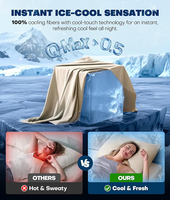 Ultra-Chill Cooling Pillowcase Set of 2 for Hot Sleepers, Softer Than Silk Pillow Cases for Protecting Hair & Skin, Breathable Bed Pillow Covers w/Zipper, Gifts for Women & Men(Beige, King)