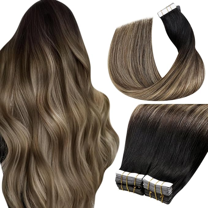 LaaVoo Ombre Tape in Hair Extensions Human Hair Tape in Extensions 14 Inch Natural Black to Medium Brown Mixed Caramel Brown H40pcs/100g