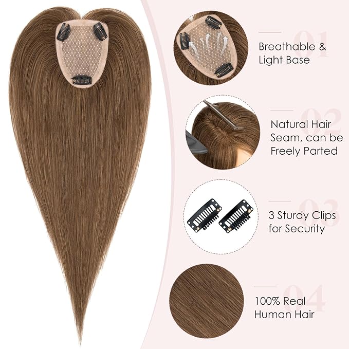 Hairro Human Hair Toppers Free Parted, 3.5x4.7" Base Hand-wovened 100% Real Hairpieces, with Invisible Clips-in for Women, for High Hairline/Adding Volume on Top, 16 Inch Mocha Brown