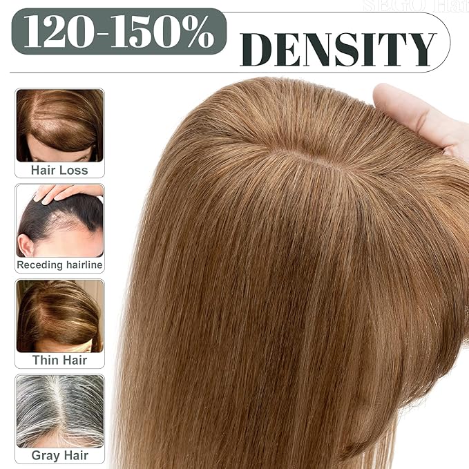 SEGO Hair Toppers for Women Real Human Hair with Thinning Hair, Toppers Hair Pieces Clip in Toppers Straight Hair Pieces with Front Bangs 150% Density Silk Base -10 Inch #6 Light Brown