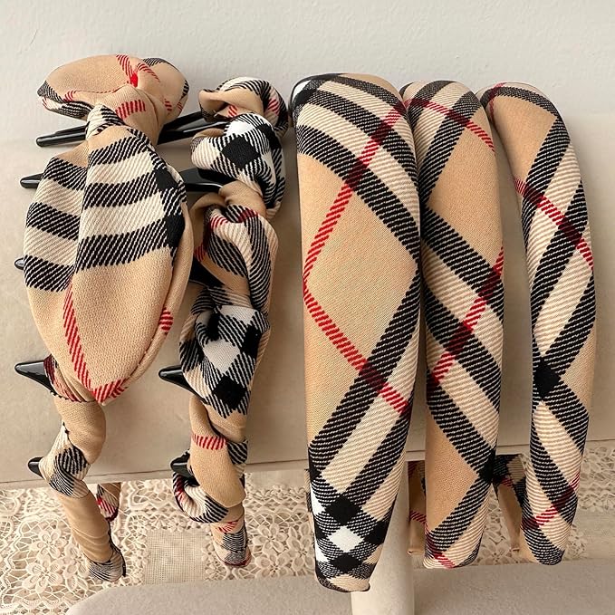 LONEEDY 5PCS Plaid Padded Headband for Women Teen Girls,Vintage Cotton Bow Headbands with Teeth Comb, Zig Zag Hairbands