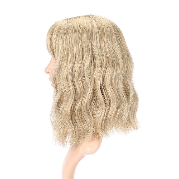 FAELBATY Blonde Wave Short Bob Wigs With Air Bangs Shoulder Length Wig For Women and Girls Curly Wavy Synthetic Cosplay Costume Wig (12" Mix blonde and gold)