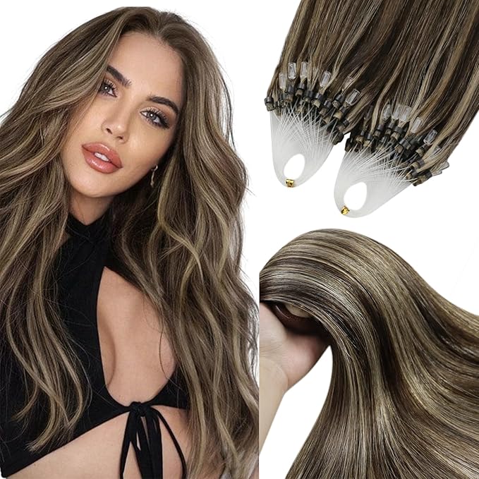 YoungSee Micro Loop Hair Extensions Real Human Hair Brown Highlight Micro Ring Hair Extensions Human Hair Highlight Dark Brown and Blonde Microbeaded Extension Human Hair Remy Hair 22In 50g 50s