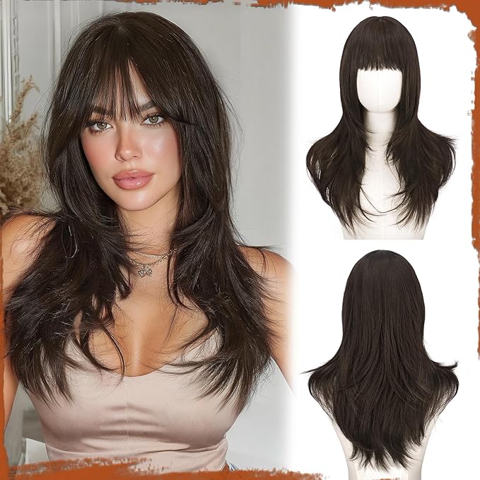 SOFEIYAN Long Straight Layered Wig with Bangs 24 Inch Synthetic Natural Hair Wig Soft Heat Resistant Long Wigs for Women Daily Party Use
