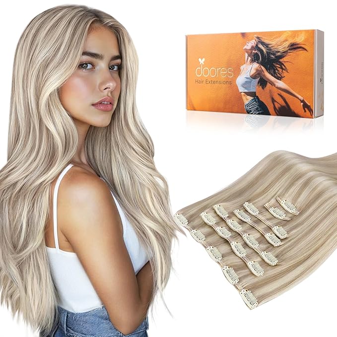 DOORES Human Hair Extensions Clip in, Soft Honey Blonde Highlight Platinum Blonde 120g 7pcs 16 Inch, Remy Clip in Hair Extensions Natural Thick Weft for Women