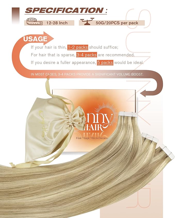 Sunny Hair Tape in Hair Extensions Real Human Hair Invisible Remy Hair Extensions Tape ins for Women Golden Blonde Highlight Medium Blonde 24 inch 20Pcs 50G