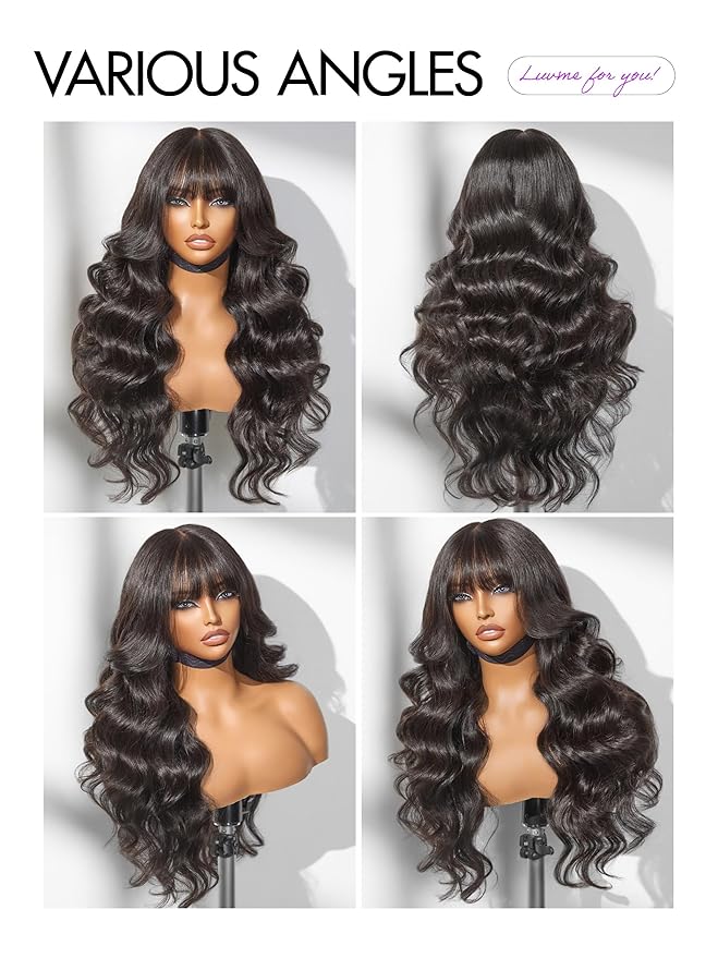 LUVME HAIR 7x6 HD Lace All-Day Comfort Wig with Bangs 200% Density Hair PartingMax Lace Wigs Loose Body Wave Lace Front Wigs Human Hair Pre Cut Plucked Lace Frontal Glueless 24 Inches