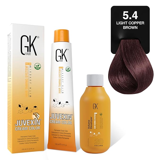 GK HAIR Global Keratin Light Copper Brown 5.4 Hair Color Cream Tube (3.4 Fl Oz/100ml) + 20 Volume Developer (5 Fl Oz/150ml) - Professional Permanent Long Lasting Toner Dye