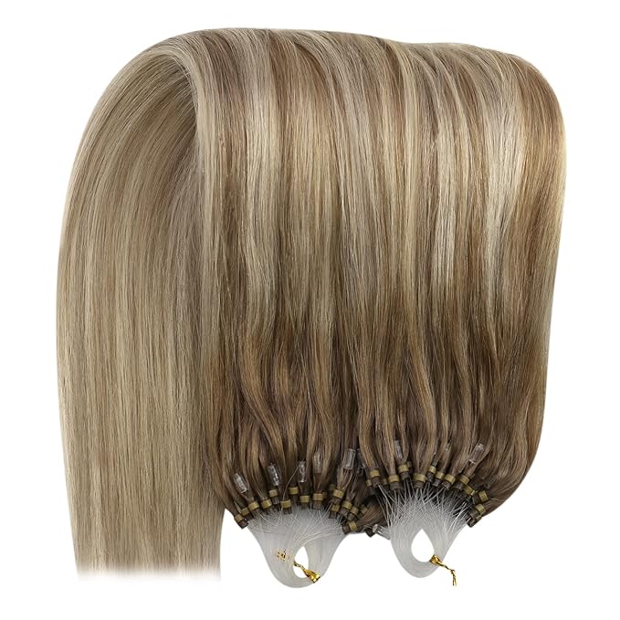 YoungSee Micro Bead Hair Extensions Real Human Hair Ombre Micro Loop Hair Extensions Real Human Hair Balayage Brown Micro-Ring Hair Extension Light Brown Balayage Blonde 16In 50s 50g