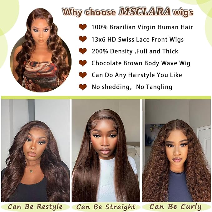 13x6 HD Lace Front twigs Human Hair Pre Plucked 200% Density Body Wave Chocolate Brown Lace Front Wig Brown Wigs Human hair 30inch for Women