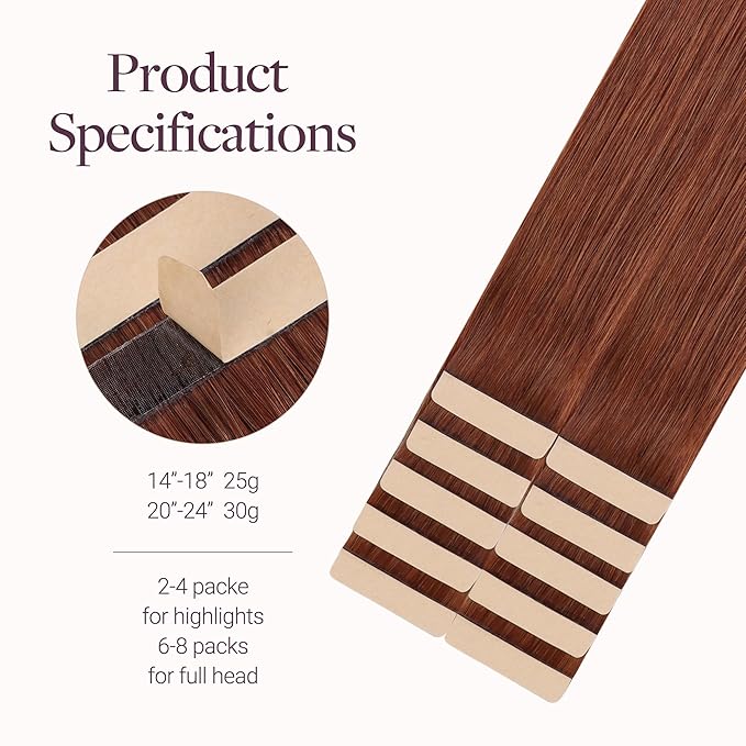 GOO GOO Tape in Hair Extensions Human Hair, #33B Dark Auburn Copper, 16inch 25g 10pcs, Skin Weft Seamless Invisible, Silky Straight with Thick Ends, Remy Human Hair