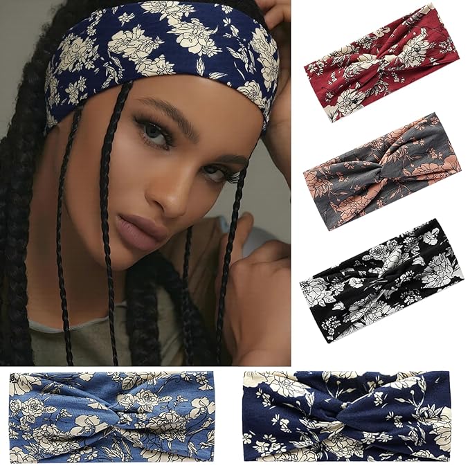 5 Pack Turban Headbands for Women, Cute Hair Band Accessories Featuring Soft Boho Floral Patterns, Fashionable Hair Wraps and Large Scarf-Style Headbands