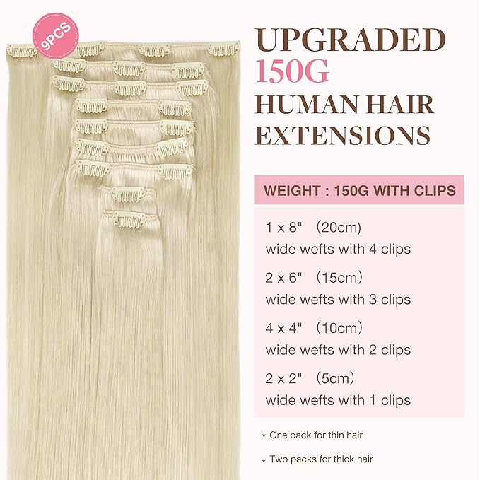 GOO GOO Clip in Hair Extensions Real Human Hair, Remy Human Hair Extensions Clip ins for Women, Natural Human Hair, 18inch 150g 9Pcs, 60A Platinum Blonde