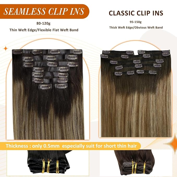Full Shine Balayage Hair Clip in Extensions Short Hair Extensions Clip ins Ombre Dark Brown to Medium Brown Mix Honey Blonde Hair Clip in Extensions 12 Inch 8 PCS 95 G