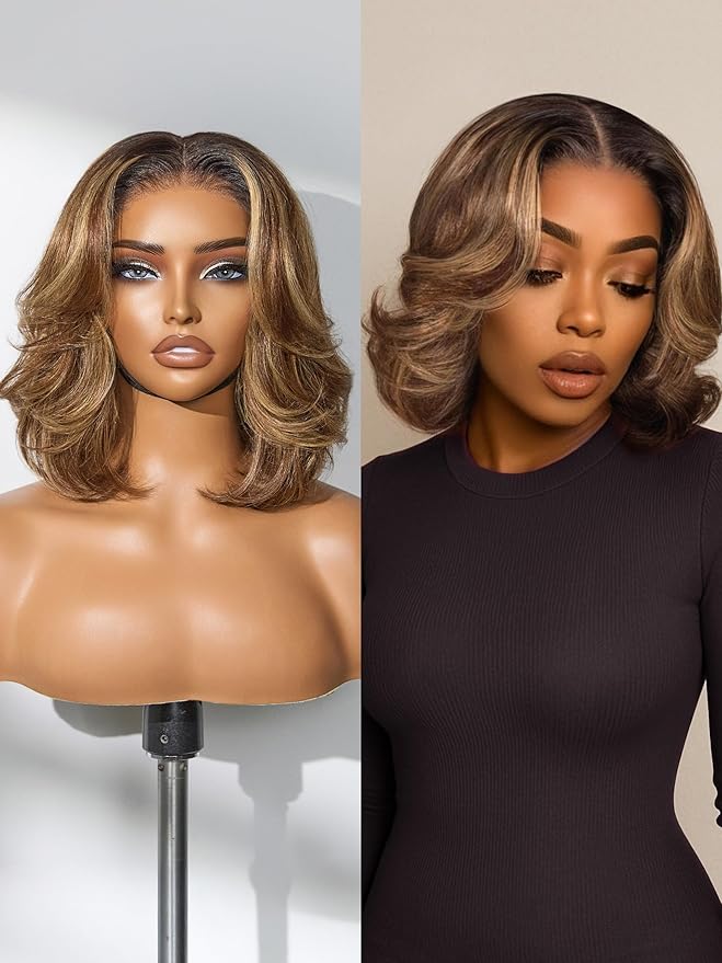 LUVME HAIR 5X5 Layer Cut Bob Wig 100% Human Hair 10 Inches Highlight Mix Brown Glueless Wigs Human Hair Pre Plucked Pre Cut Ready to Go Wig 200 Density